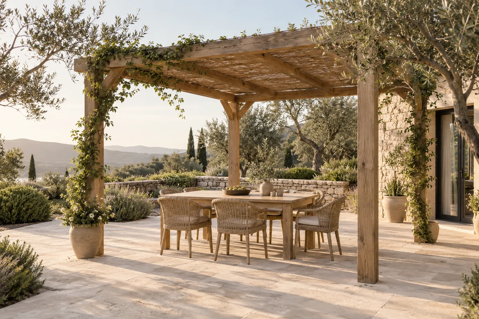 Pérgola de madera con comedor en un jardín mediterráneo