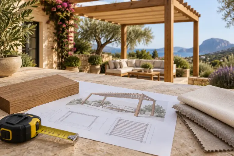Plano, muestra de madera y tejido para comparar una pérgola