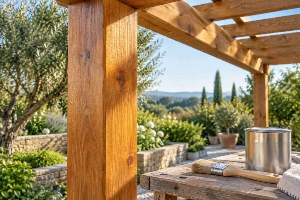 Poste de pérgola de madera con brocha para su mantenimiento
