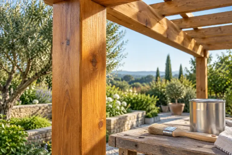 Poste de pérgola de madera con brocha para su mantenimiento