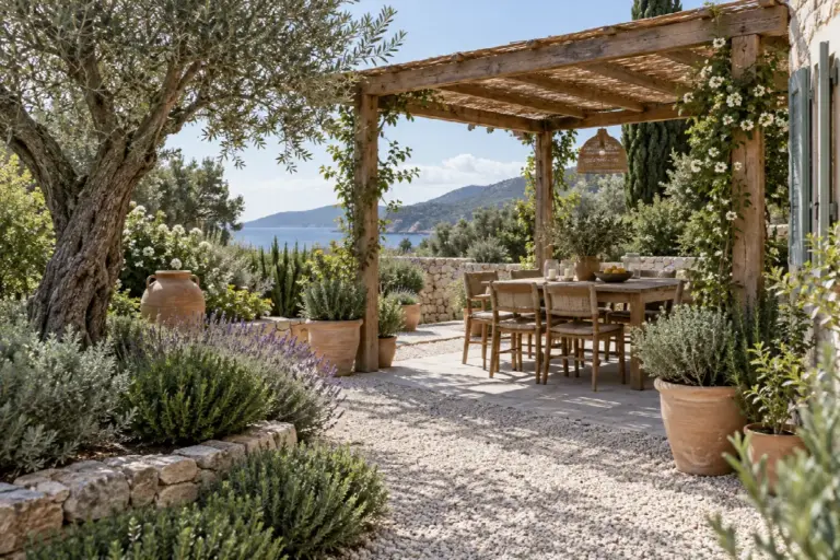 Pérgola de madera entre plantas de un jardín mediterráneo