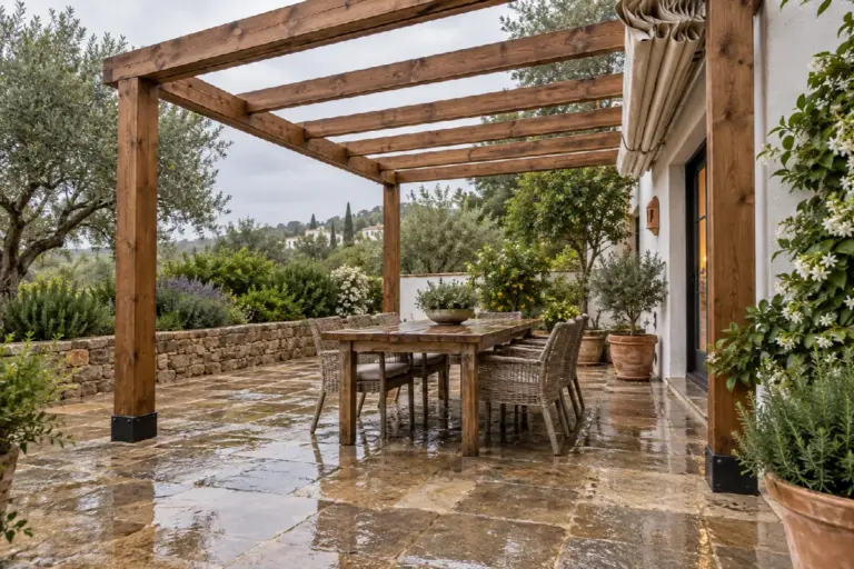 Pérgola de madera en una terraza después de llover