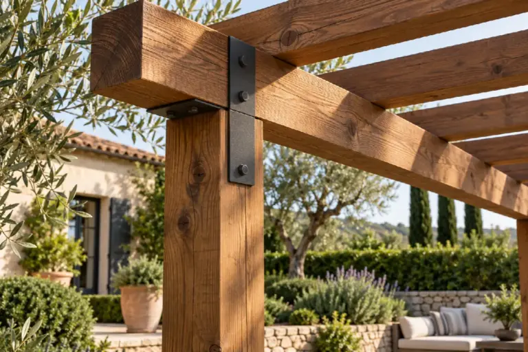 Detalle de una viga y un poste de pérgola de madera