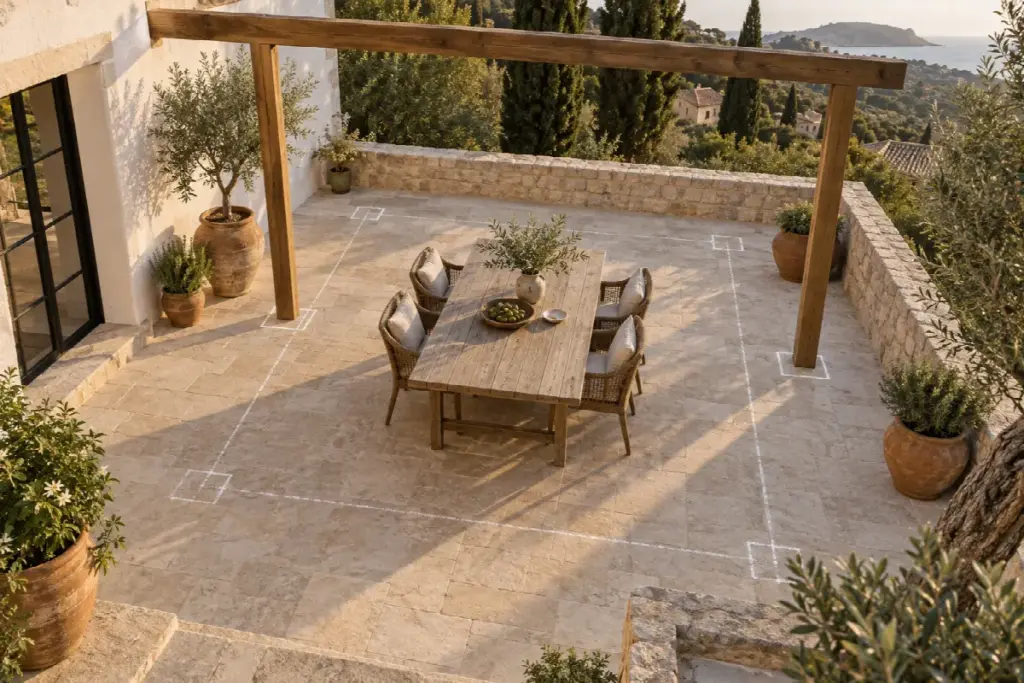 Mesa y marcas de posición de postes en una terraza mediterránea