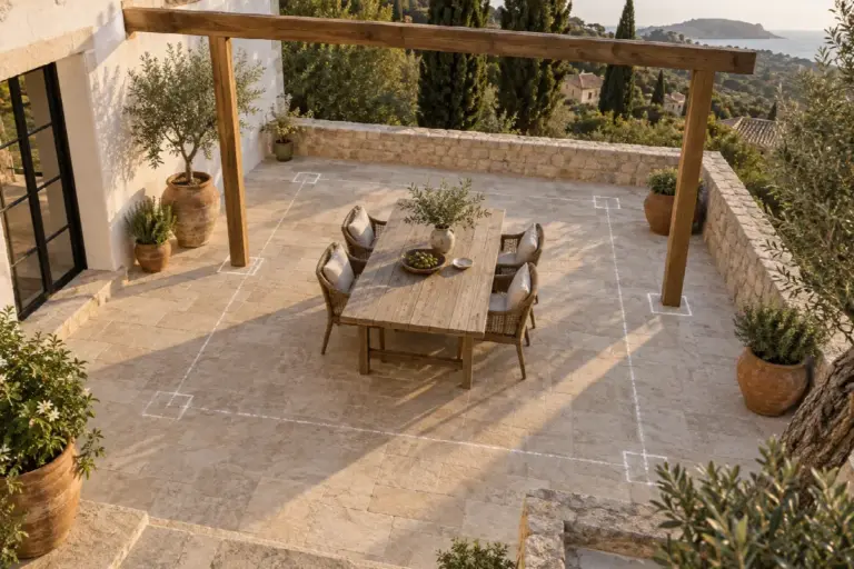 Mesa y marcas de posición de postes en una terraza mediterránea