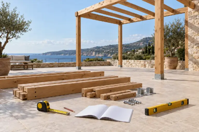 Piezas de madera y herramientas preparadas para montar una pérgola