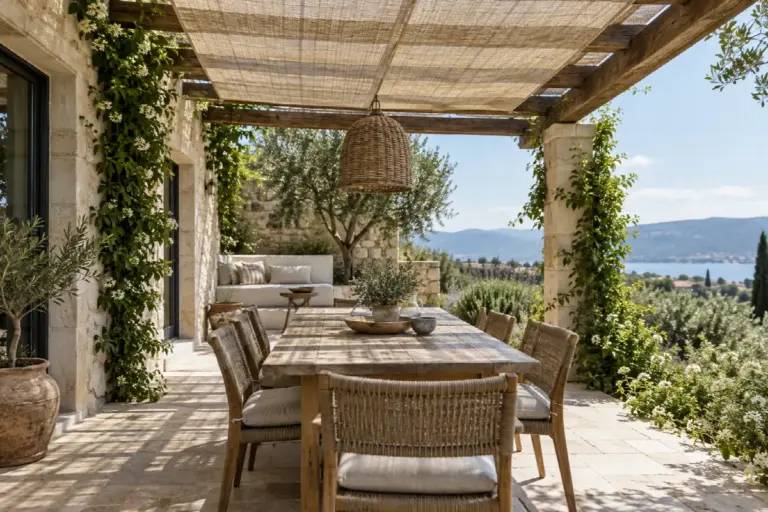 Tejido de sombra claro bajo una pérgola de madera