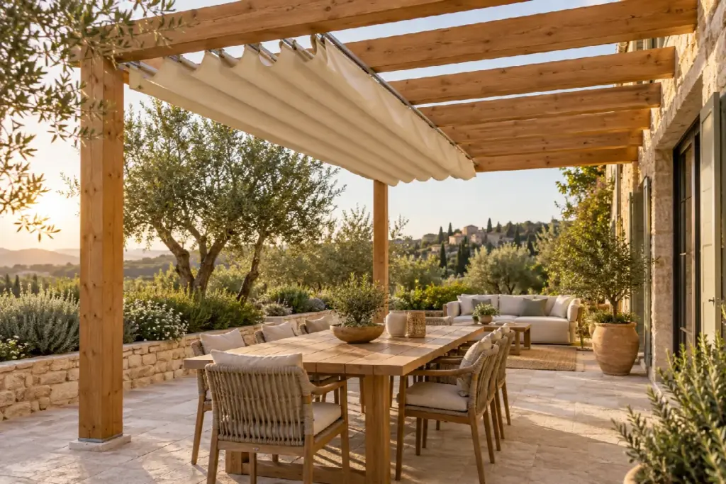 Toldo corredero de tela clara bajo una pérgola de madera