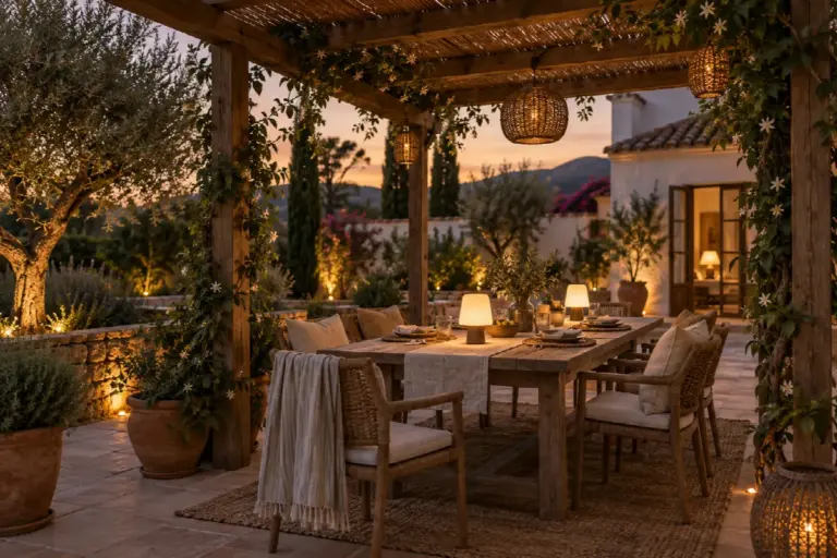 Comedor iluminado bajo una pérgola de madera al atardecer