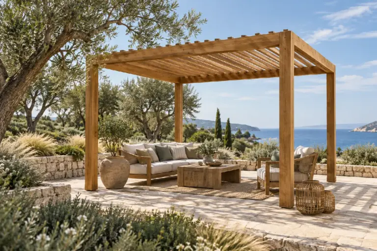 Pérgola autoportante abierta en un jardín costero