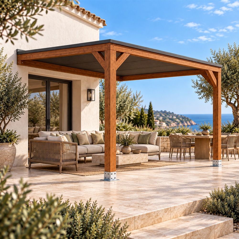 Pérgola madera 3x3 Techada Anexada en Jardelia