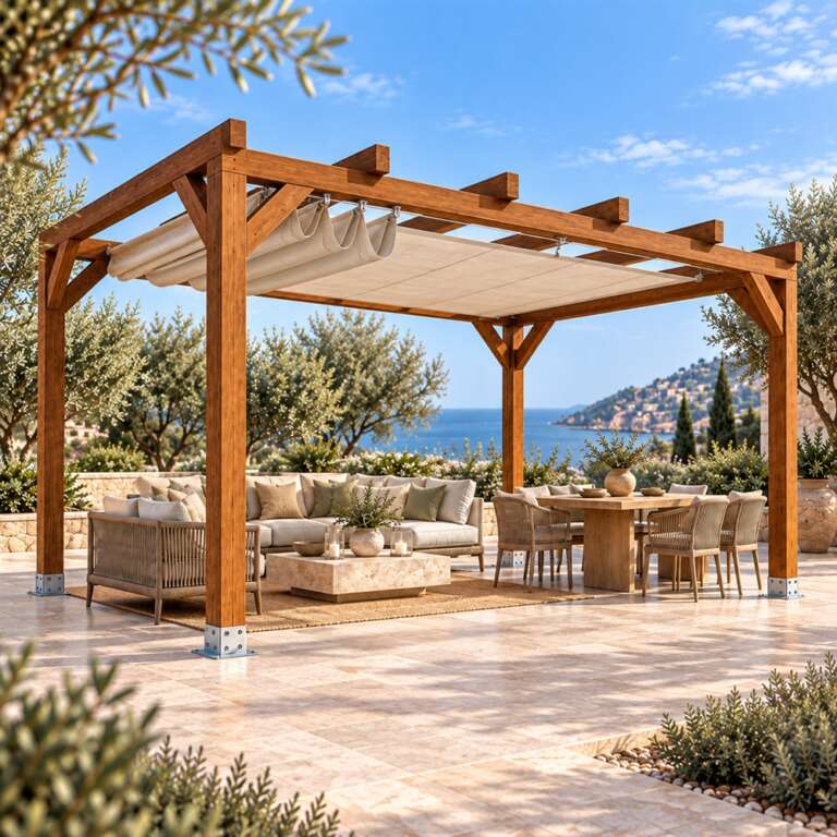 Pérgola Laminada 3x3 con Toldo Corredero en Jardelia