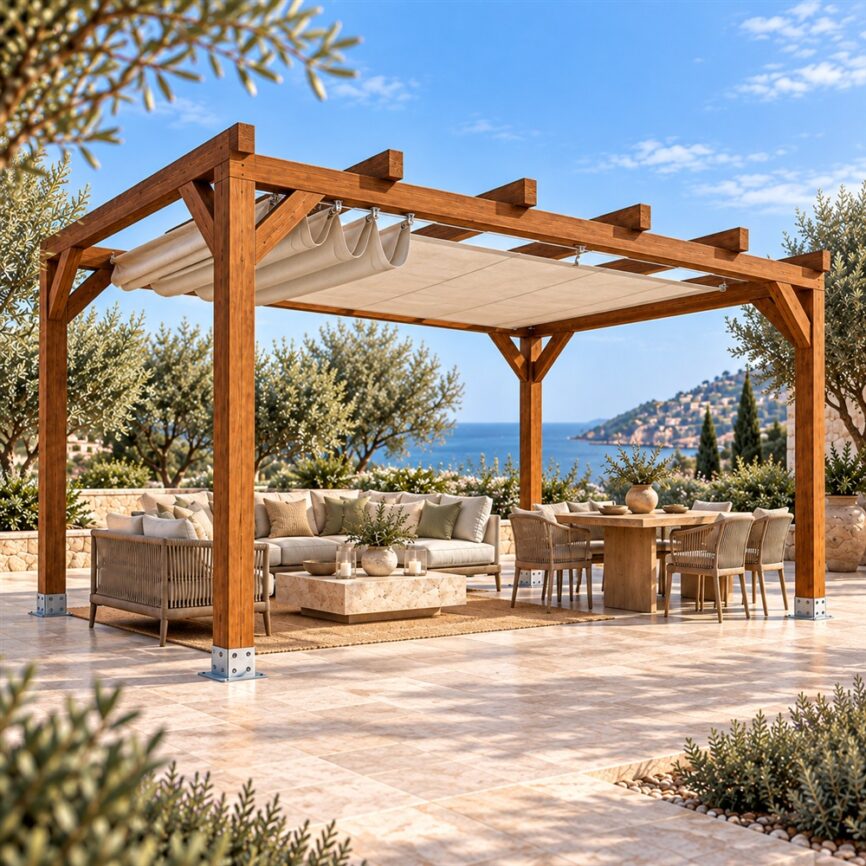 Pérgola Laminada 3x3 con Toldo Corredero en Jardelia