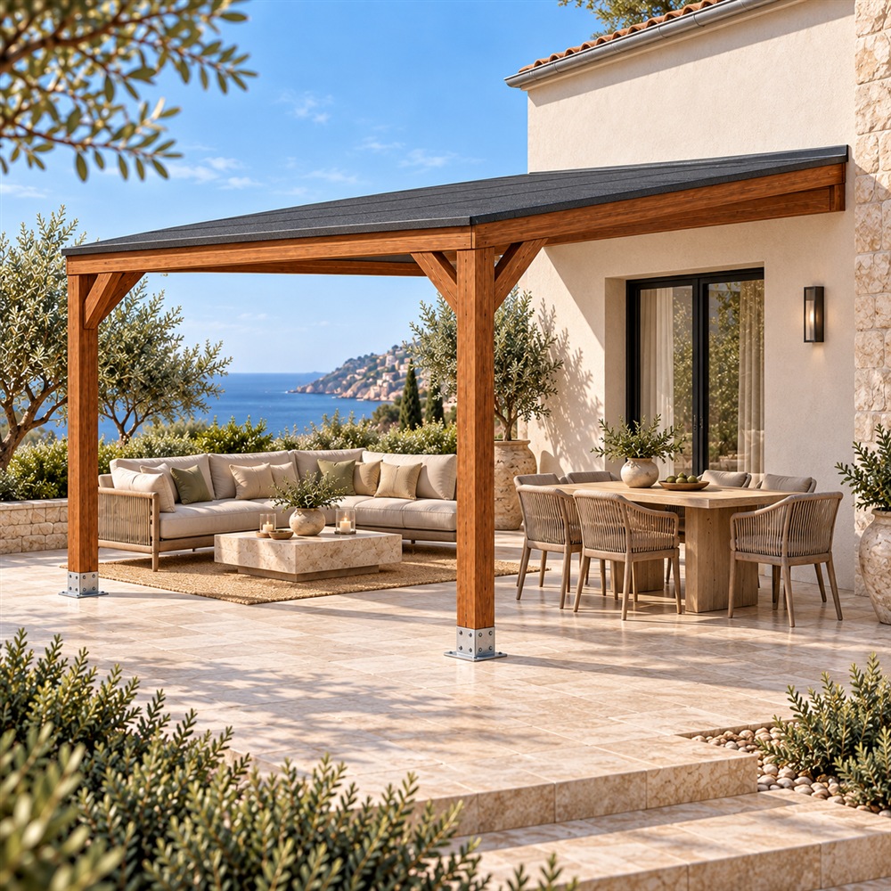 Pérgola madera 4x3 Techada Anexada en Jardelia