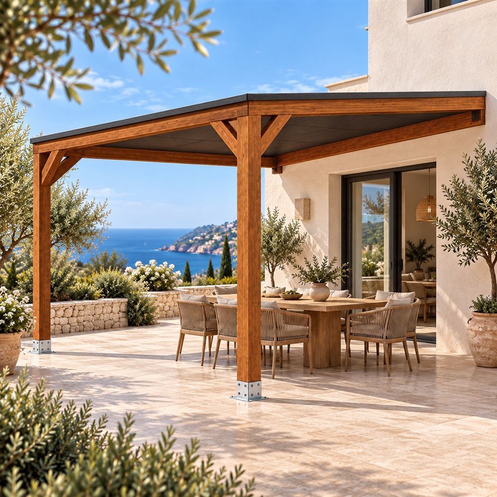 Pérgola madera 4x4 Techada Anexada en Jardelia