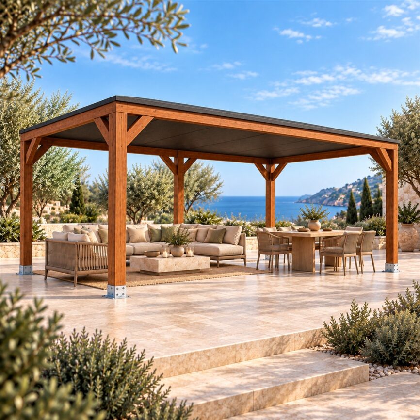 Pérgola madera 4x4 Techada en Jardelia