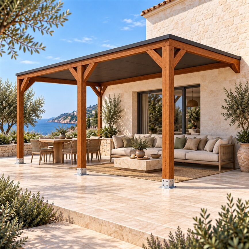 Pérgola madera 5x3 Techada Anexada en Jardelia