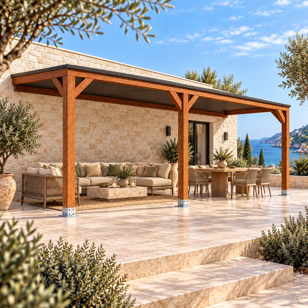 Pérgola madera 6x3 Techada Anexada en Jardelia