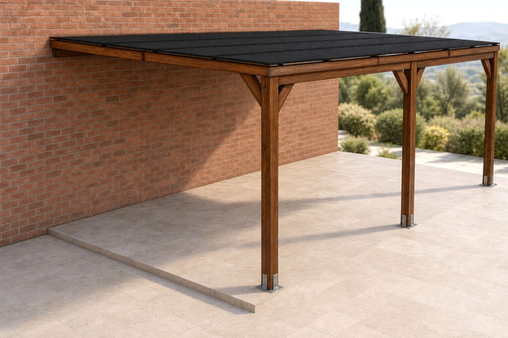 Pérgola madera laminada 6×4 techada anexada en Jardelia