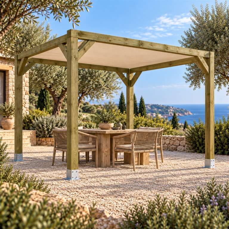 Pérgola de Madera Maciza 3x3 con Toldo Fijo en Jardelia