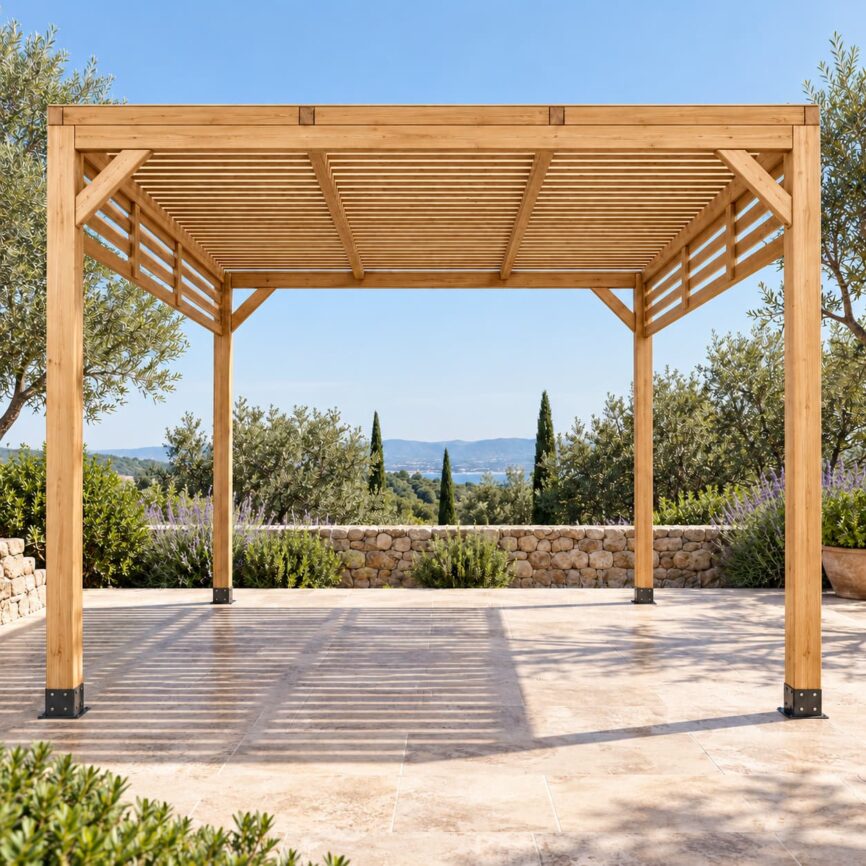 Pérgola de madera maciza autoportante 3×3 Luz y Sombra instalada en una terraza