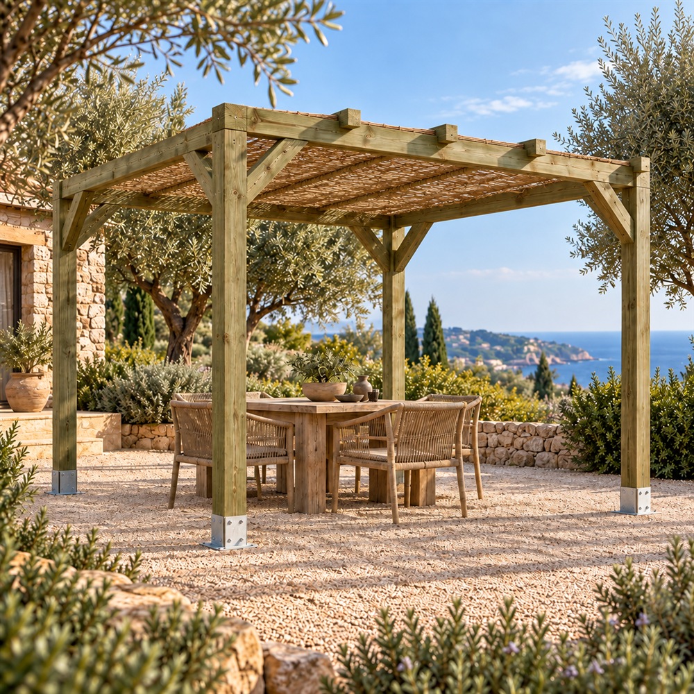 Pérgola Maciza 4x3 con Mimbre en Jardelia