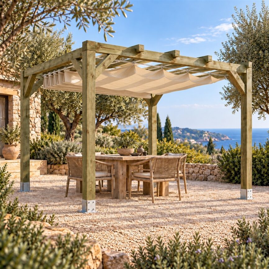 Pérgola Maciza 4x3 con Toldo Corredero en Jardelia