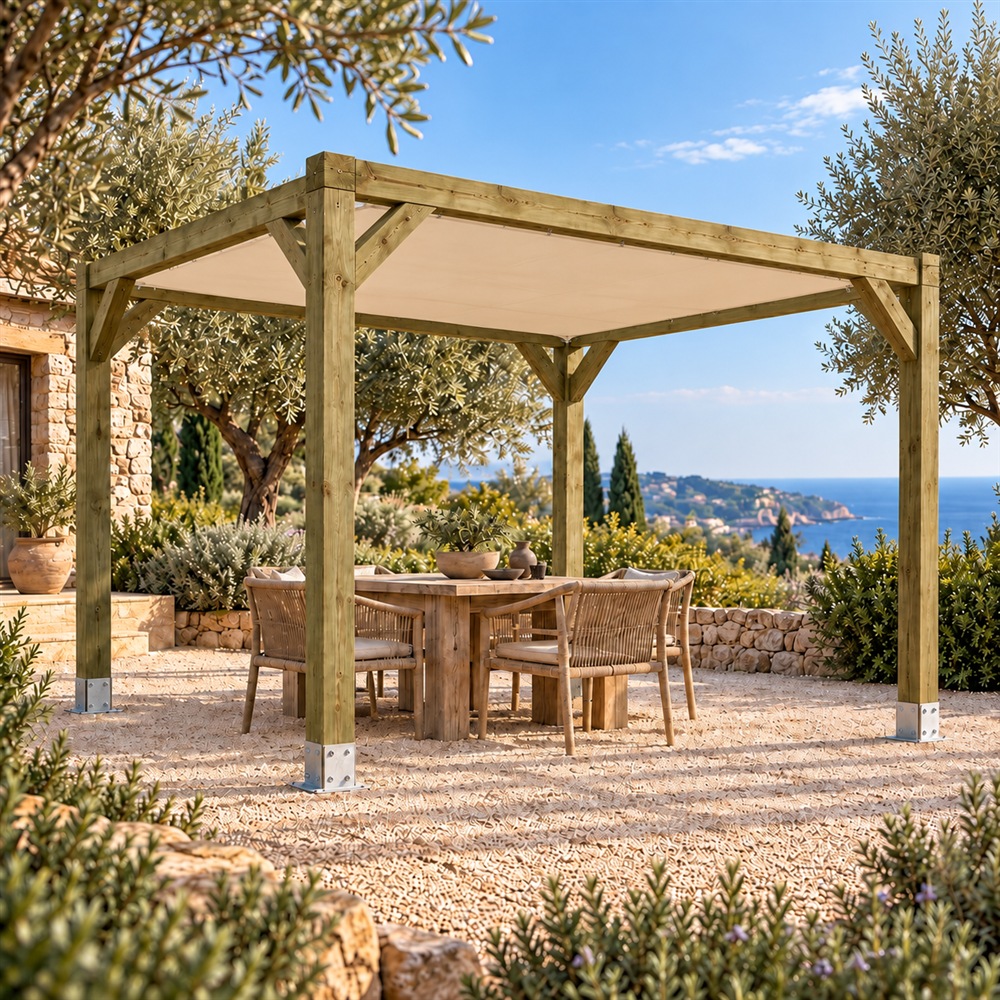 Pérgola Maciza 4x3 con Toldo Fijo en Jardelia